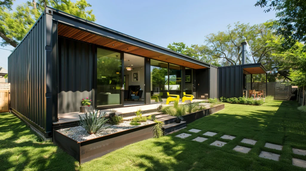 Modern container home with dark metal paneling and front deck landscaping